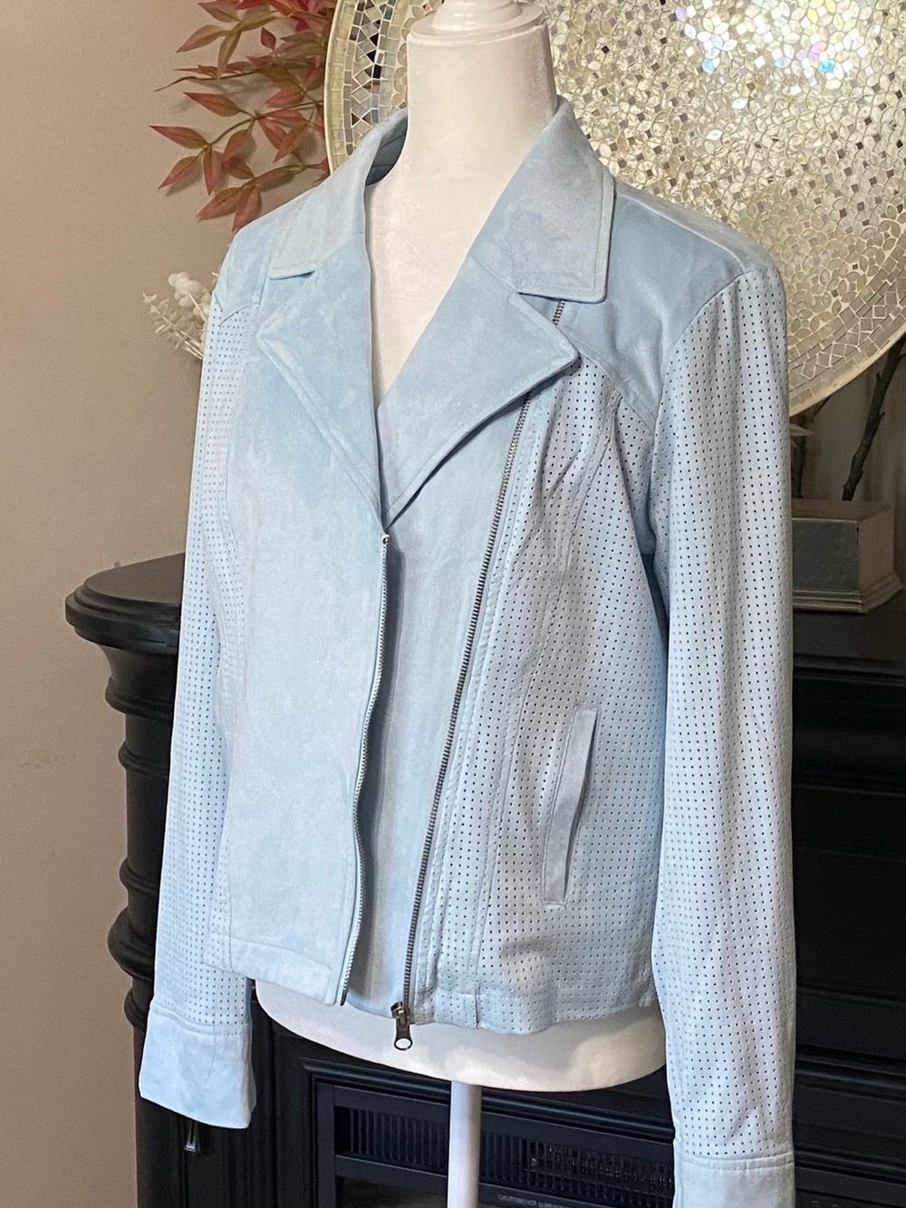 Kate & Mallory Beautiful Powder Blue Perforated Faux‎ Suede Jacket